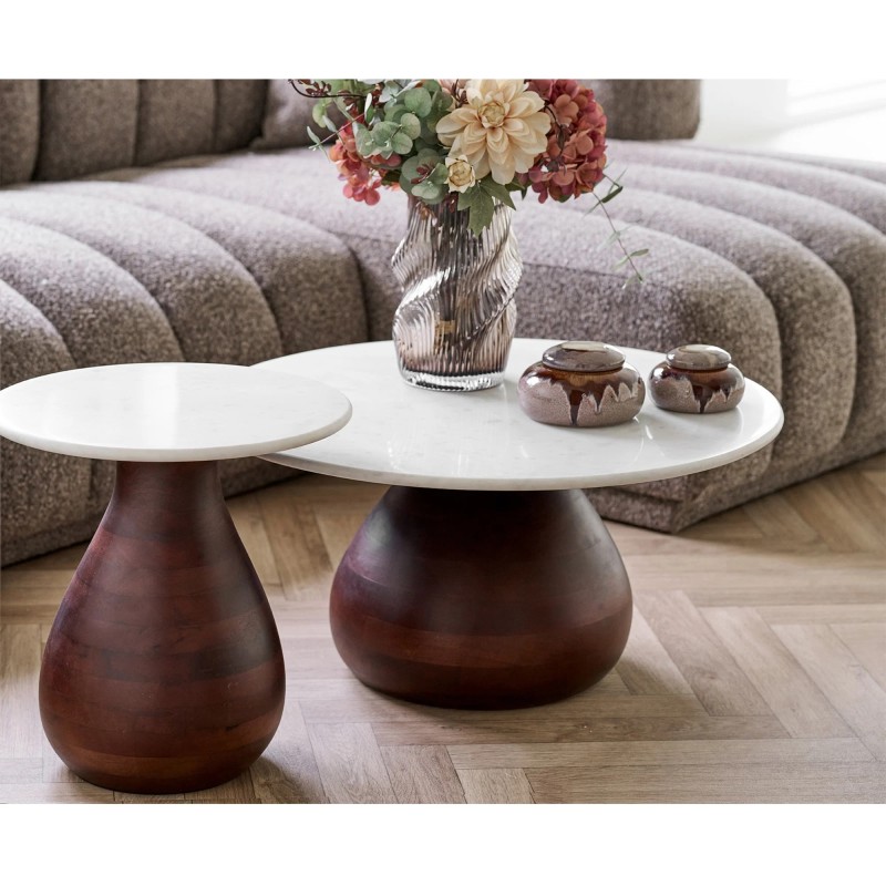Set de tables basses marbre blanc & bois de manguier MARBELLA